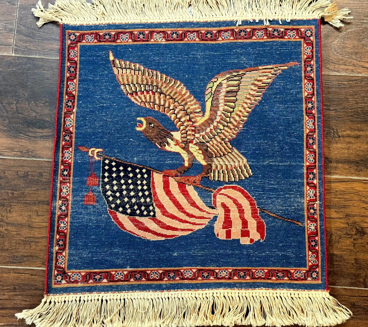 American Flag Bald Eagle Pictorial Rug Indo Persian Handmade Wool Hand Knotted