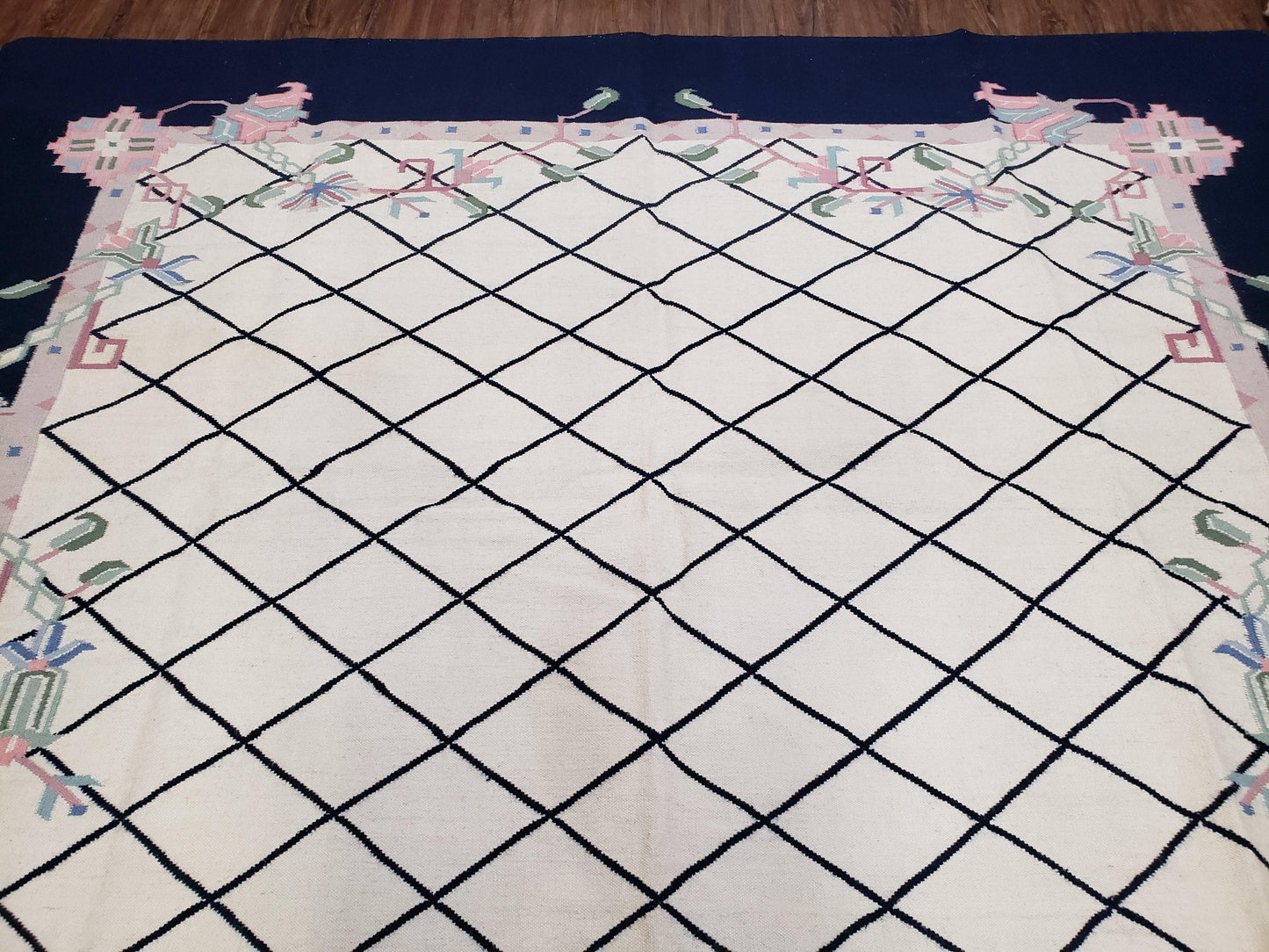 Vintage Wool Dhurrie Rug Handwoven Indian Kilim Flatweave Black White