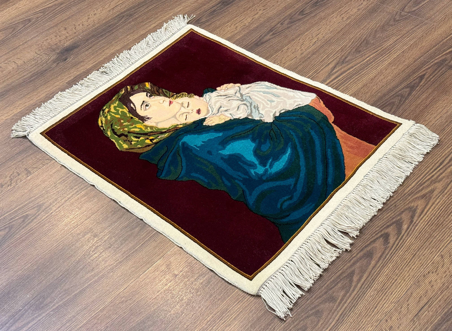 Persian Tabriz Pictorial Rug 2x2 Mother Holding Child Very Fine 340 KPSI Maroon