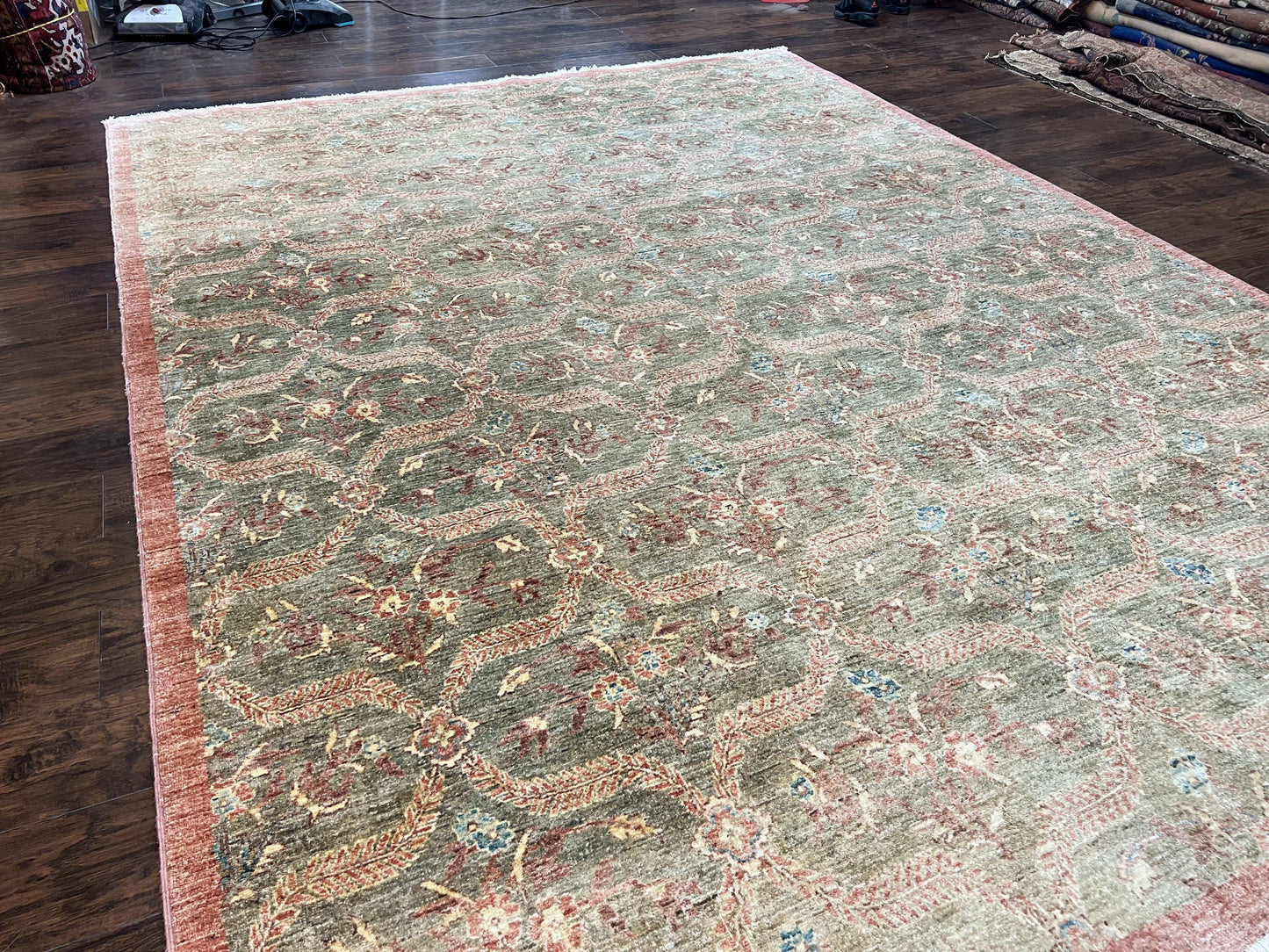 Peshawar Rug 9x12 Hand Knotted Handmade Wool Carpet Floral Light Green Modern