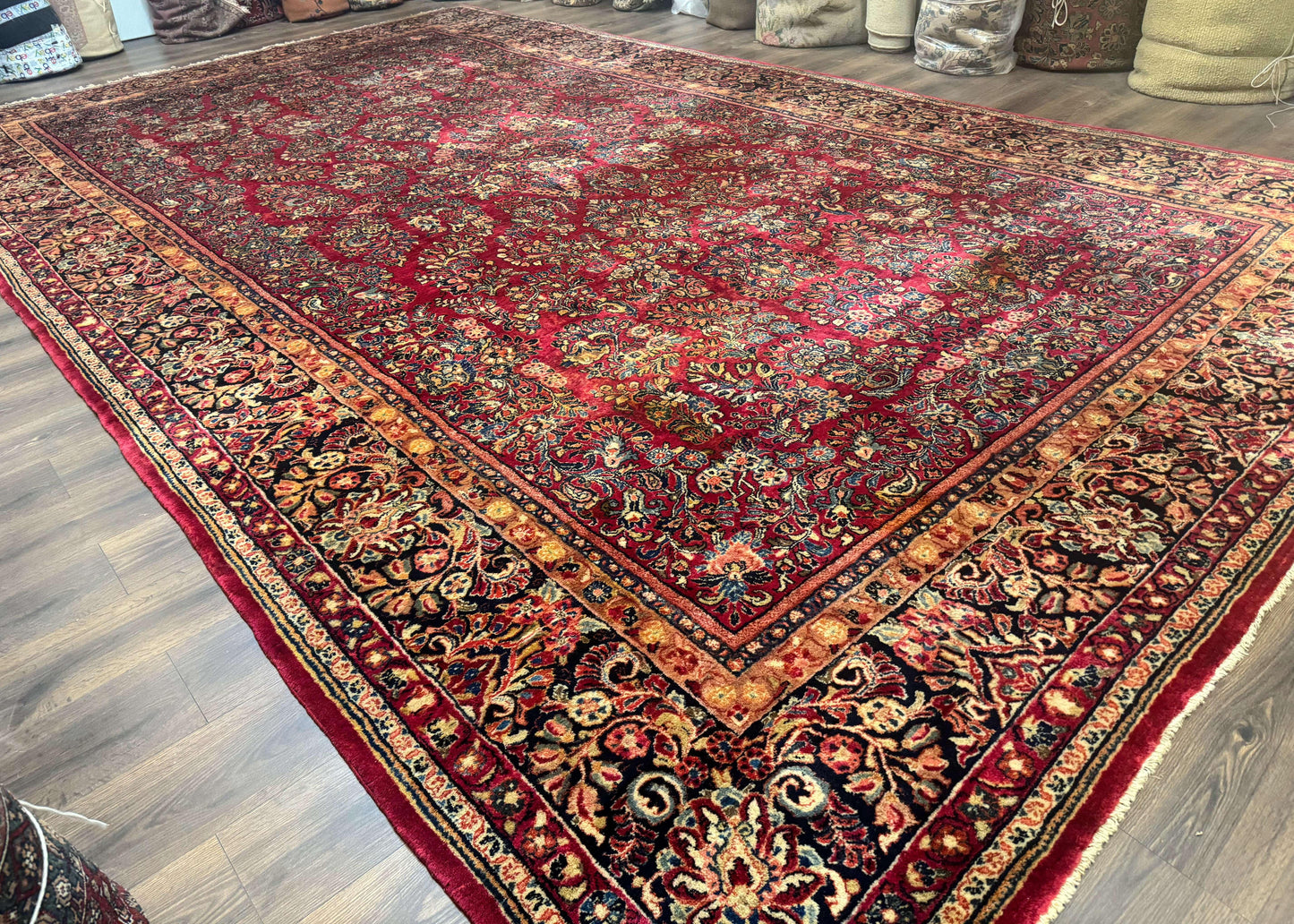 Persian Sarouk Rug 10x18 Extra Large Antique Wool Carpet Red Floral Handmade
