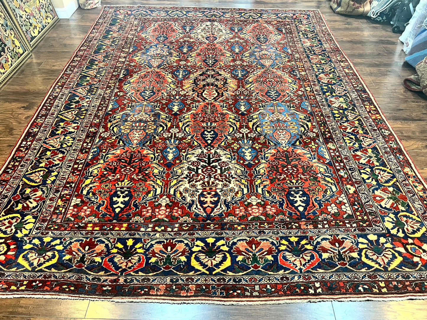 Persian Bakhtiari Rug 10x14 Hand Knotted Rare Tribal Carpet Red Blue Ivory Multicolor