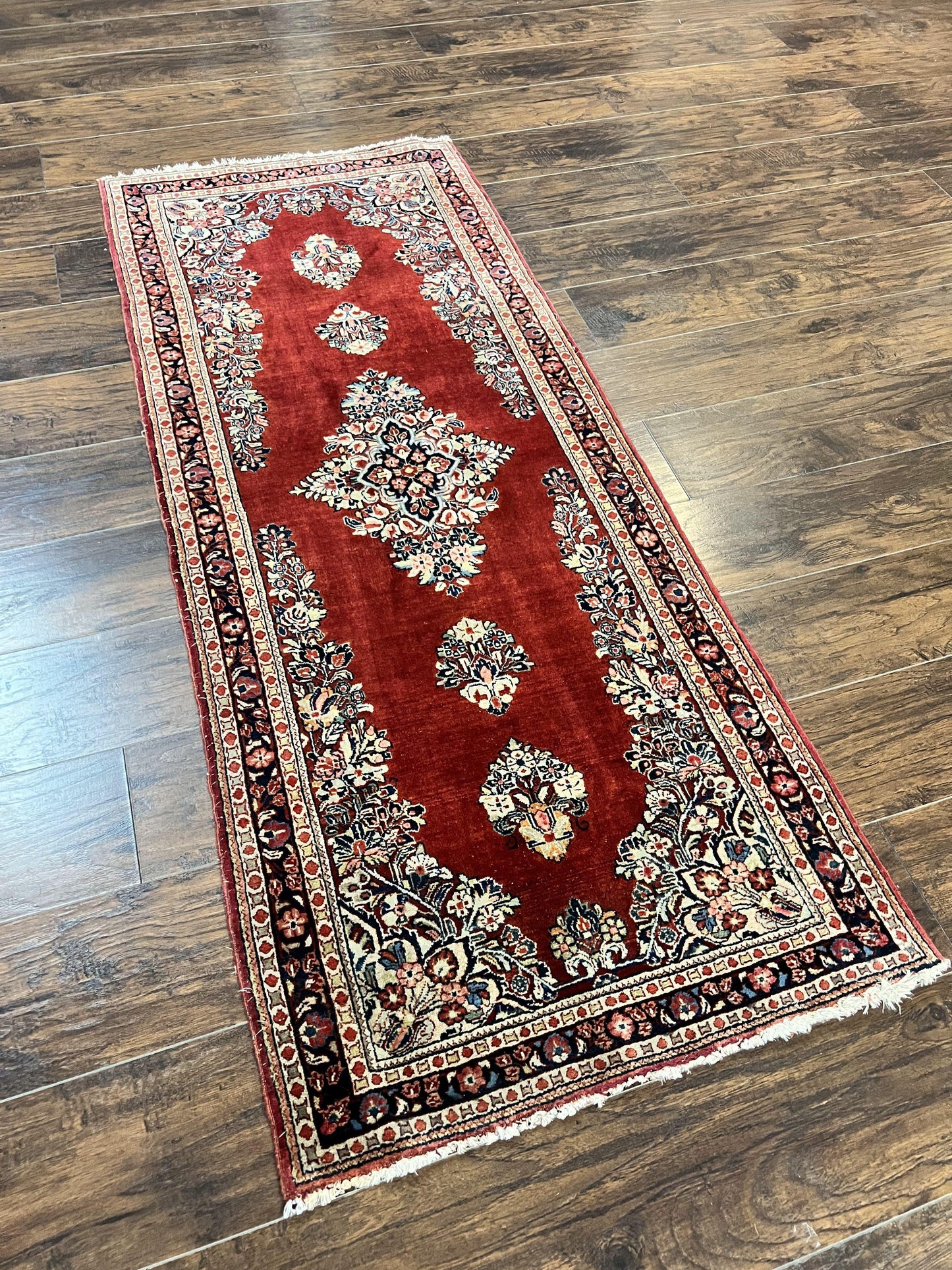Persian Sarouk Runner Rug Handmade Wool Two Point Seven By Six Red Vintage Semi Antique