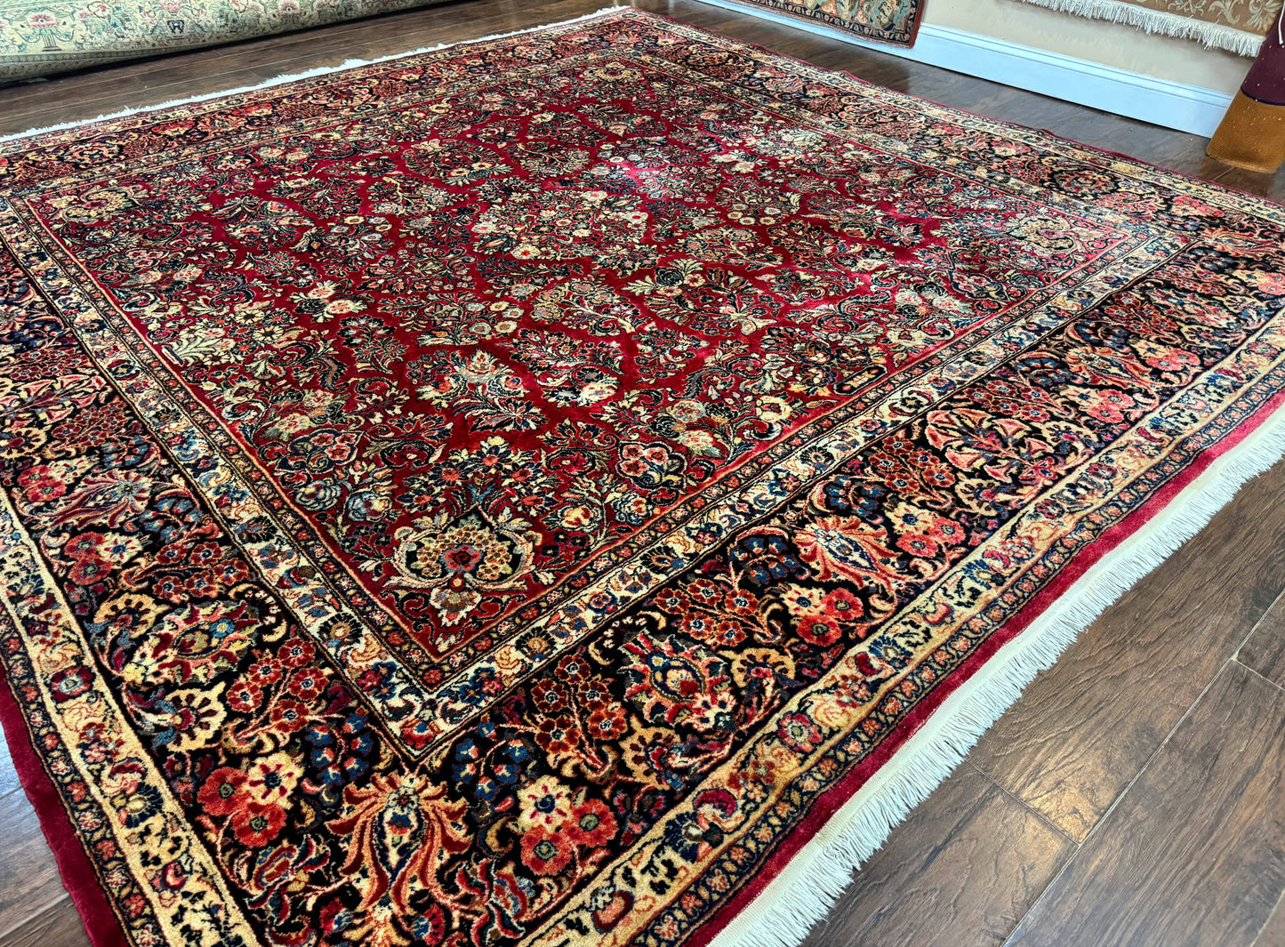 Antique Persian Sarouk Rug 10x10 Square Red Floral Lattice With Navy Border