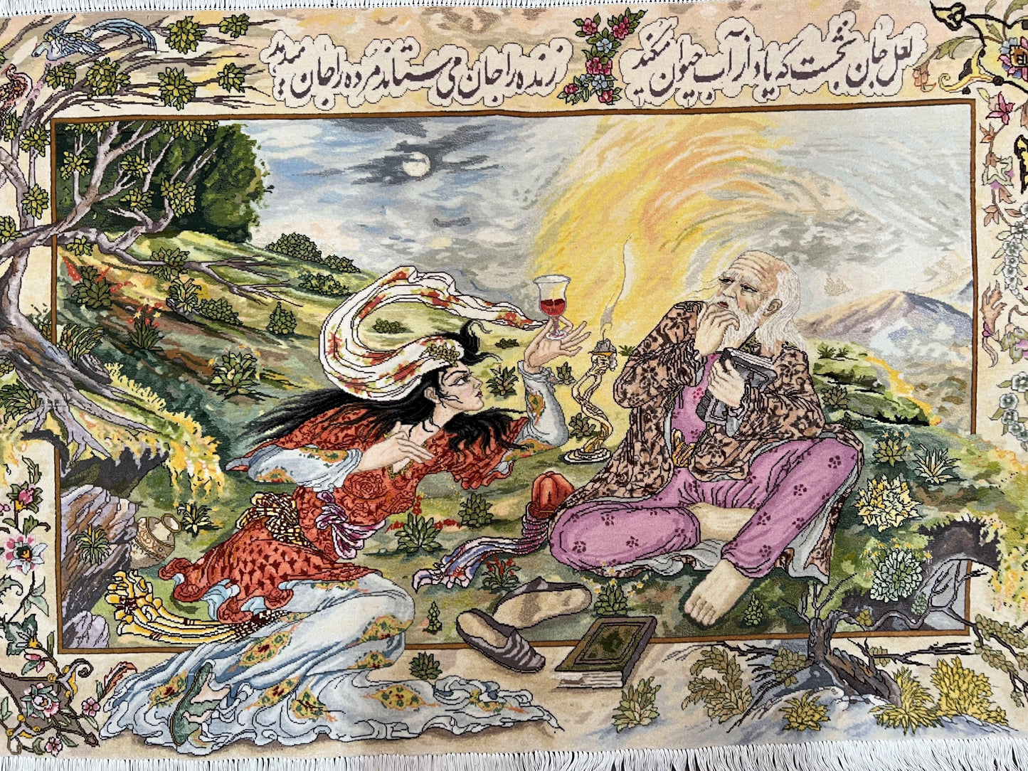 Persian Tabriz Pictorial Rug Hand Knotted Wool 5x3 Hafez Poetry Border