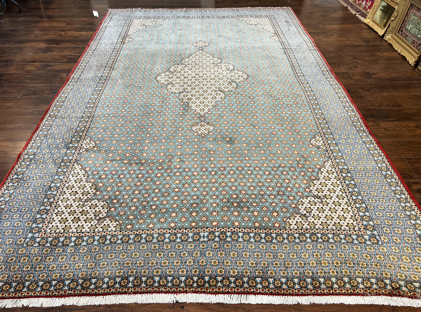 Qum Persian Rug Hand Knotted Wool 8x12 Vintage Star Motifs Blue Ivory