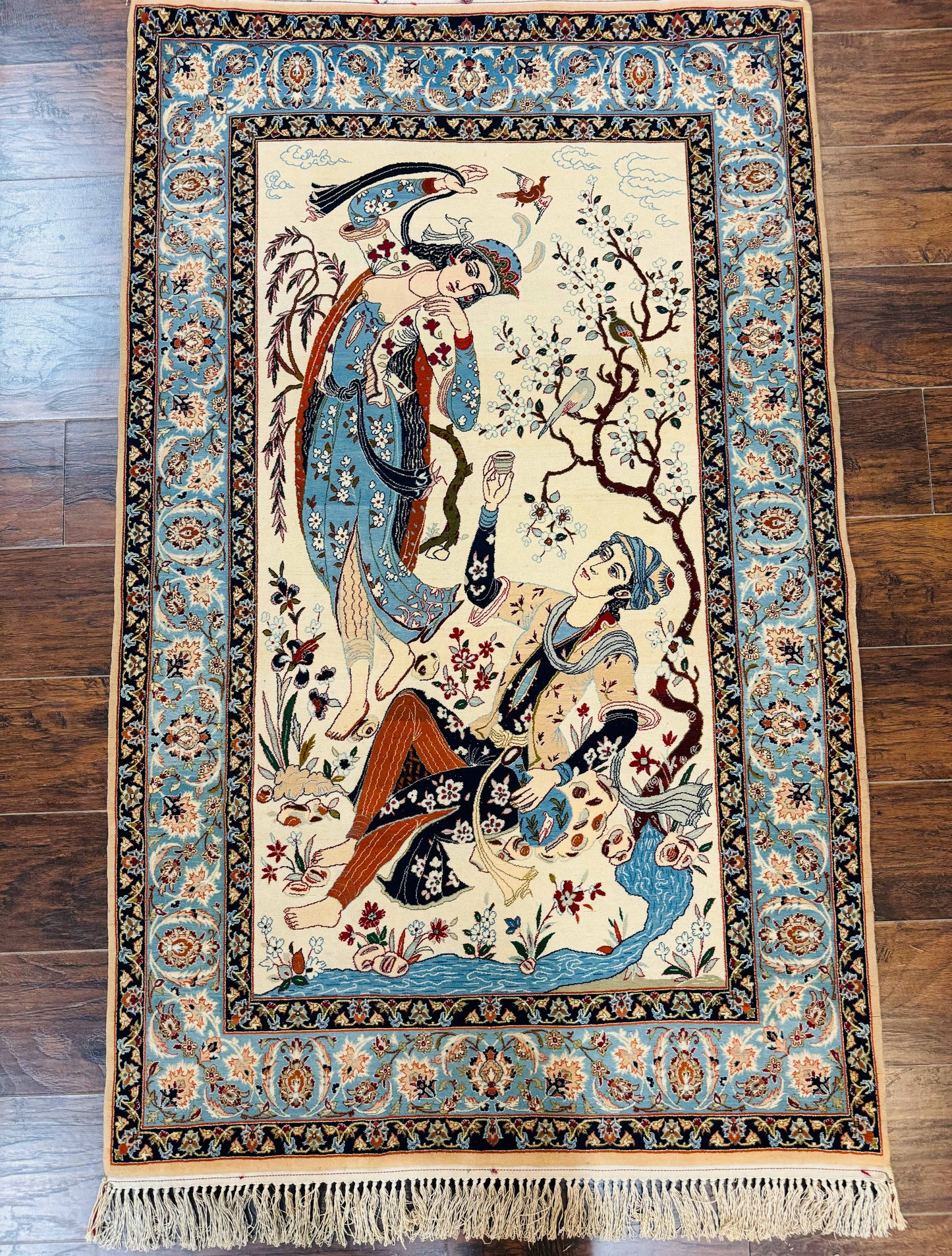 Persian Isfahan Pictorial Rug Two Lovers Kork Wool On Silk Foundation Ivory And Light Blue 500 KPSI Super Fine