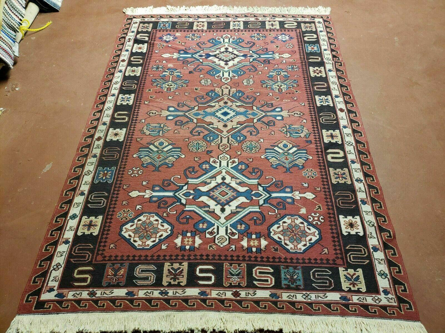 Vintage Russian Kilim Rug Soumak Flat Weave Wool 4x6 Caucasian Handmade 1980s