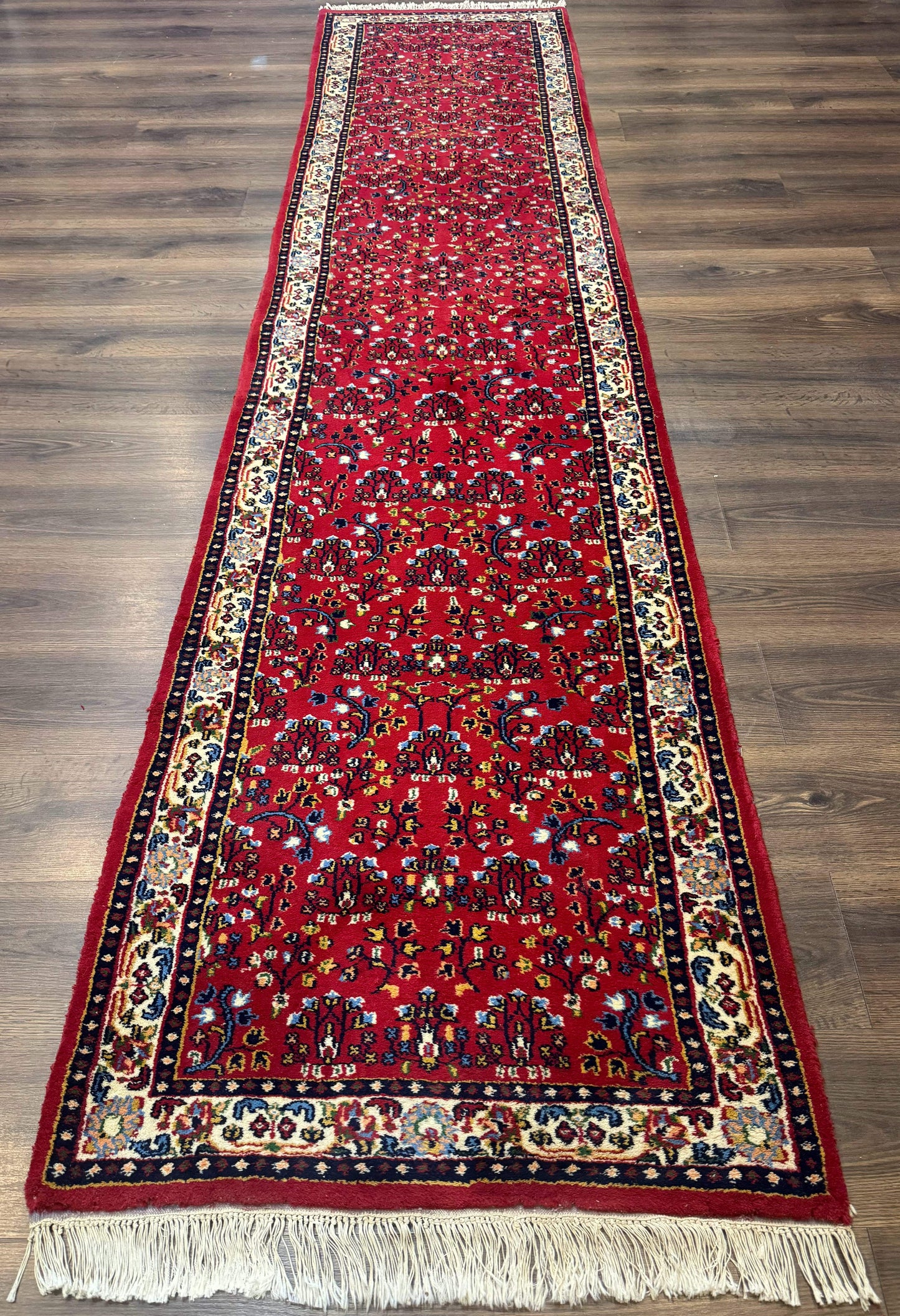 Indo Persian Sarouk Runner Rug 3x12 Hand Knotted Vintage Red And Cream Allover Pattern