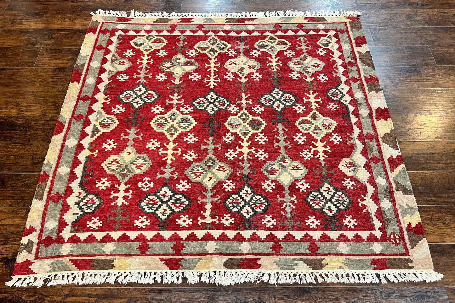 Indian Kilim Rug 6x6 Square Flatweave Wool Carpet Vintage Handmade Red