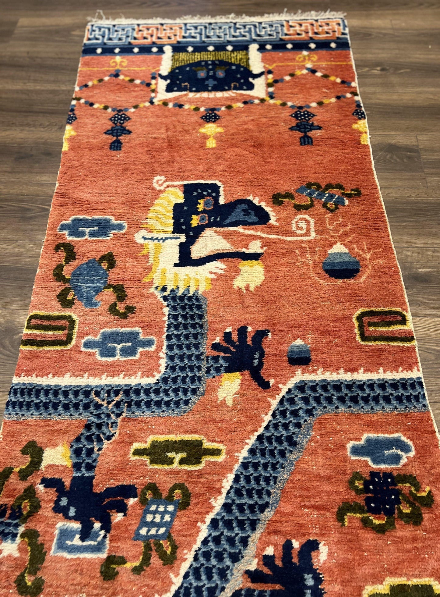 Ningxia Pillar Rug Hand Knotted Wool Carpet Five Clawed Dragon Border Late Qing Dynasty 3x8 Collectible
