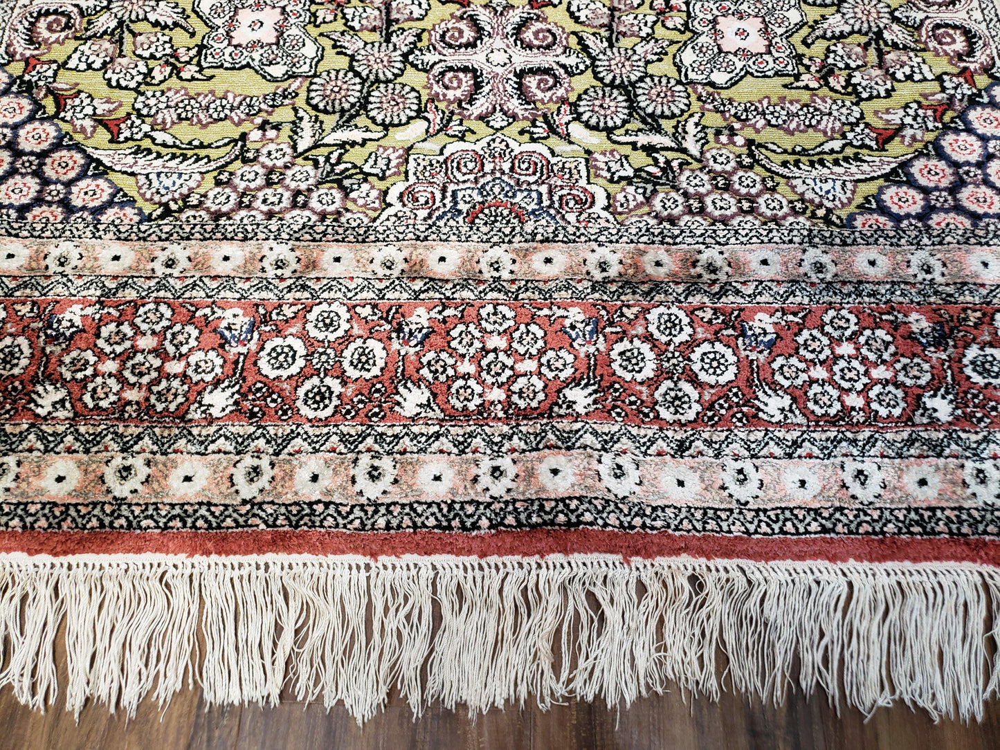 Kashmiri Silk Rug 5x8 Indian Handmade With Gold Threads Luxury Vintage Style