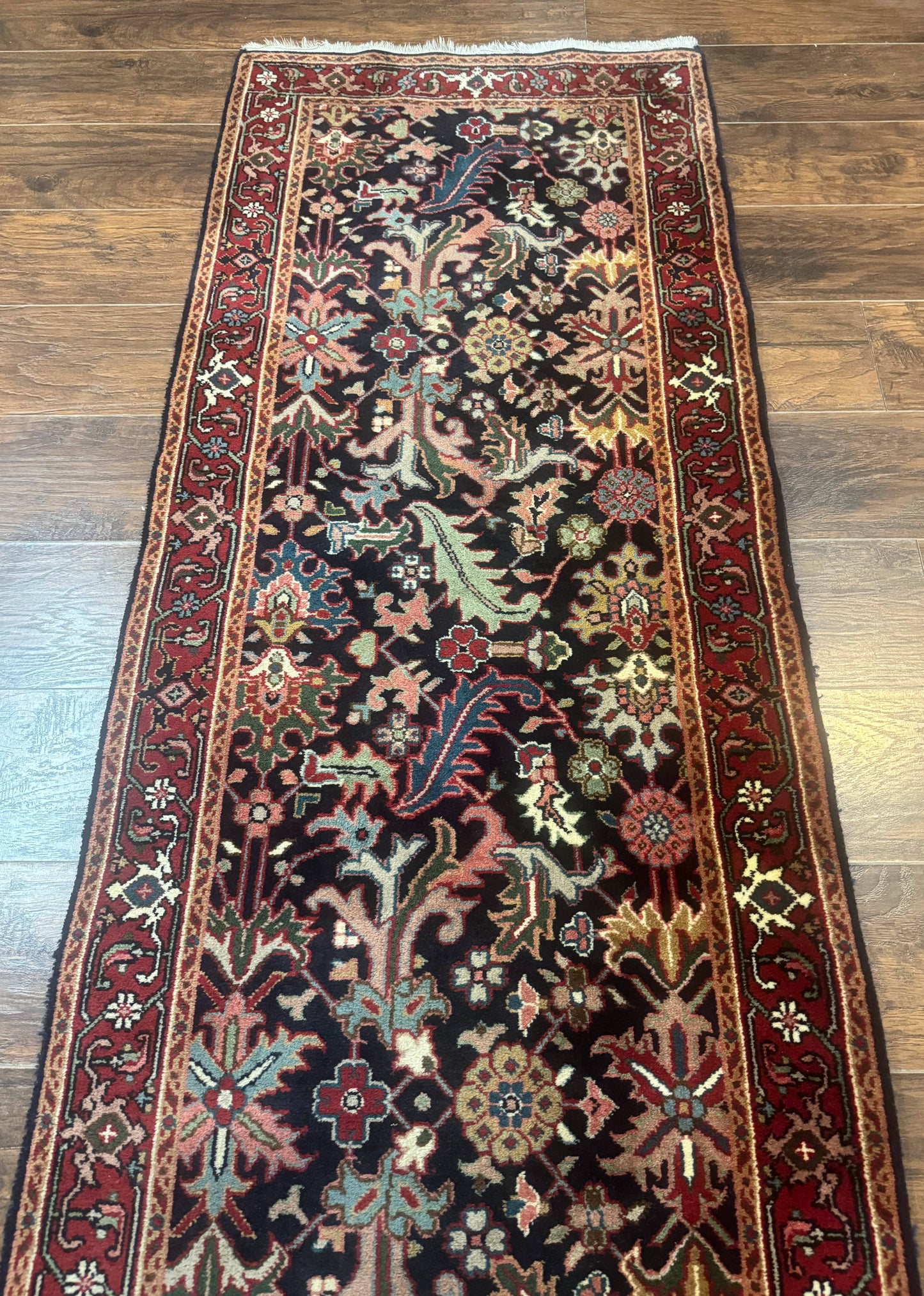 Indo Persian Runner Rug Wool 2.7 X 13 Navy Blue Red Floral Allover