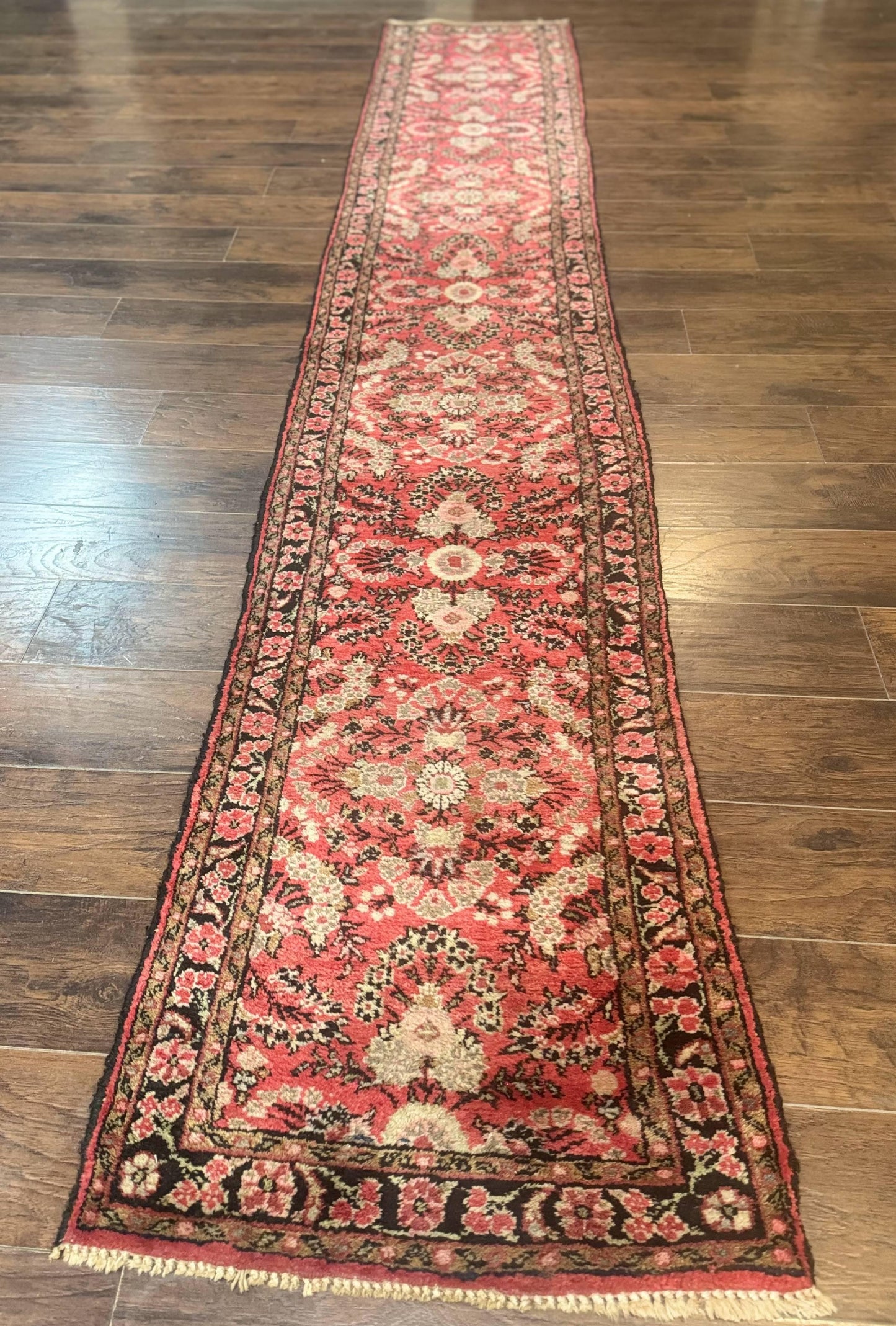 Persian Hamadan Runner Rug 2x13.6 Ft Hand Knotted Wool Red Floral Hallway Carpet