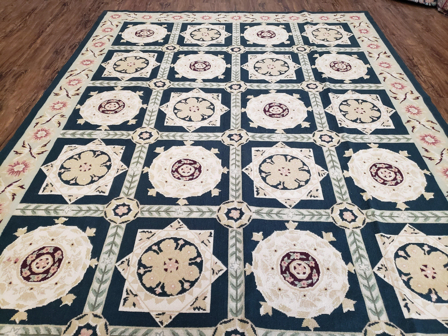 Vintage Chinese Needlepoint Rug 6x9 Handwoven Wool Panel Design Rug Black Ivory