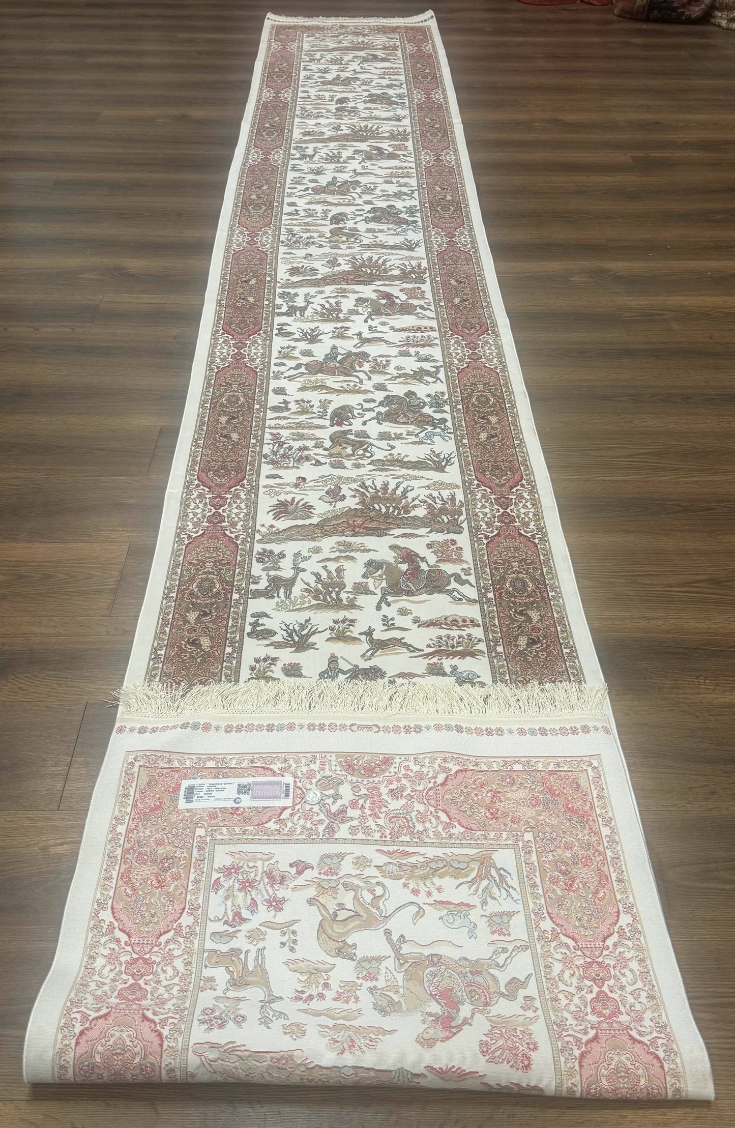 Turkish Silk Runner Rug 2.6x16.5 Ft Ivory Hunting Design Bamboo Silk New