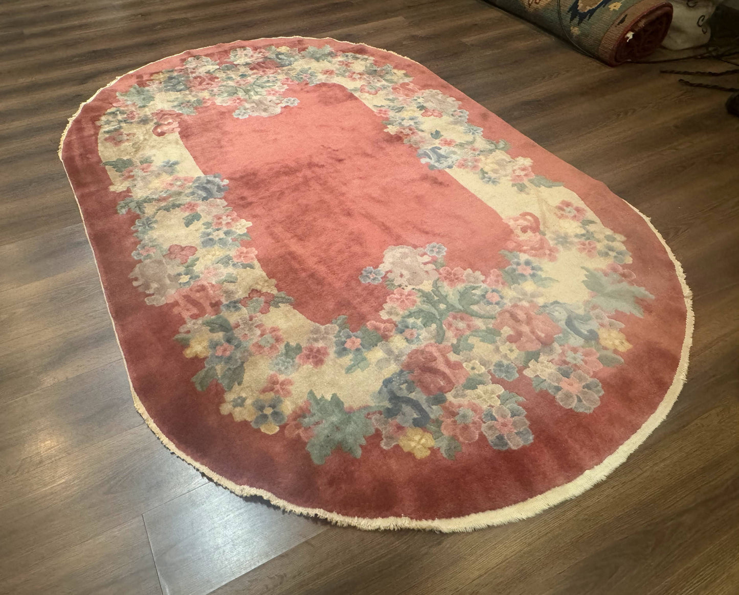 Peking Rug Oval 5x8 Pink Floral Vintage Handwoven Wool Carpet