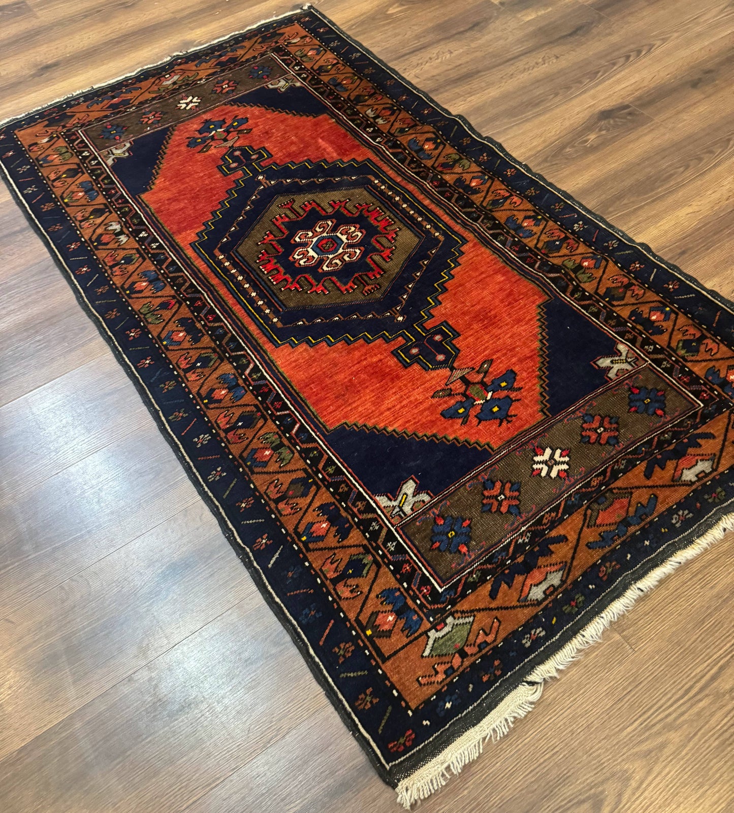 Persian Nahavand Rug 3x6 Geometric Medallion Village Tribal Design In Terracotta And Navy