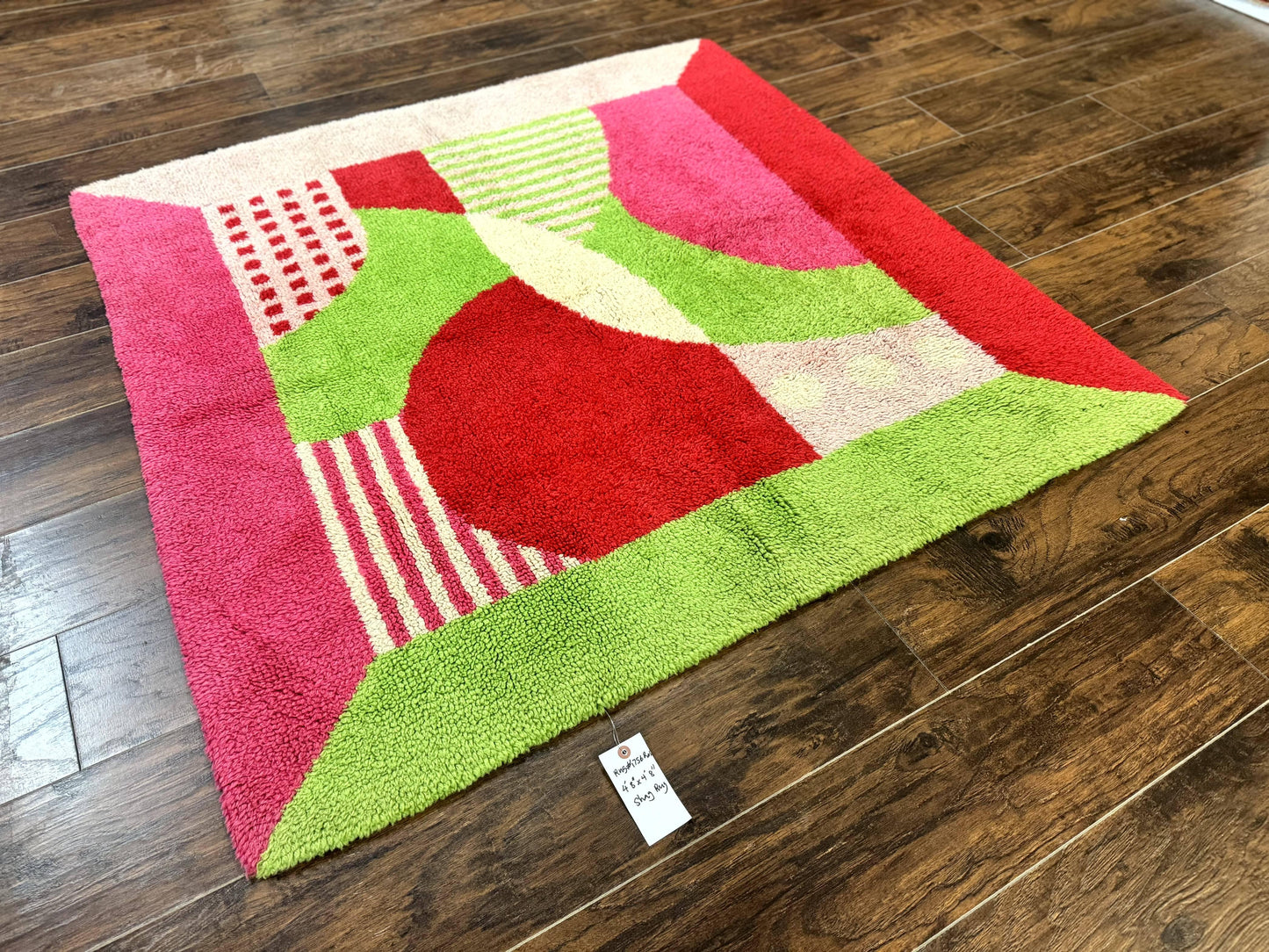 European Shag Rug 4.8 x 4.8 Modern Abstract Loomed Wool Square Rug In Green Pink Red