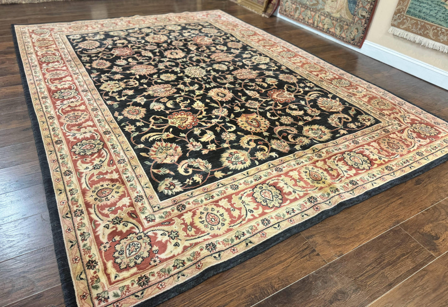 Vintage Oriental Rug 8x11 Floral Persian Design Turkish Power Loomed Rug Navy Blue Red Cream