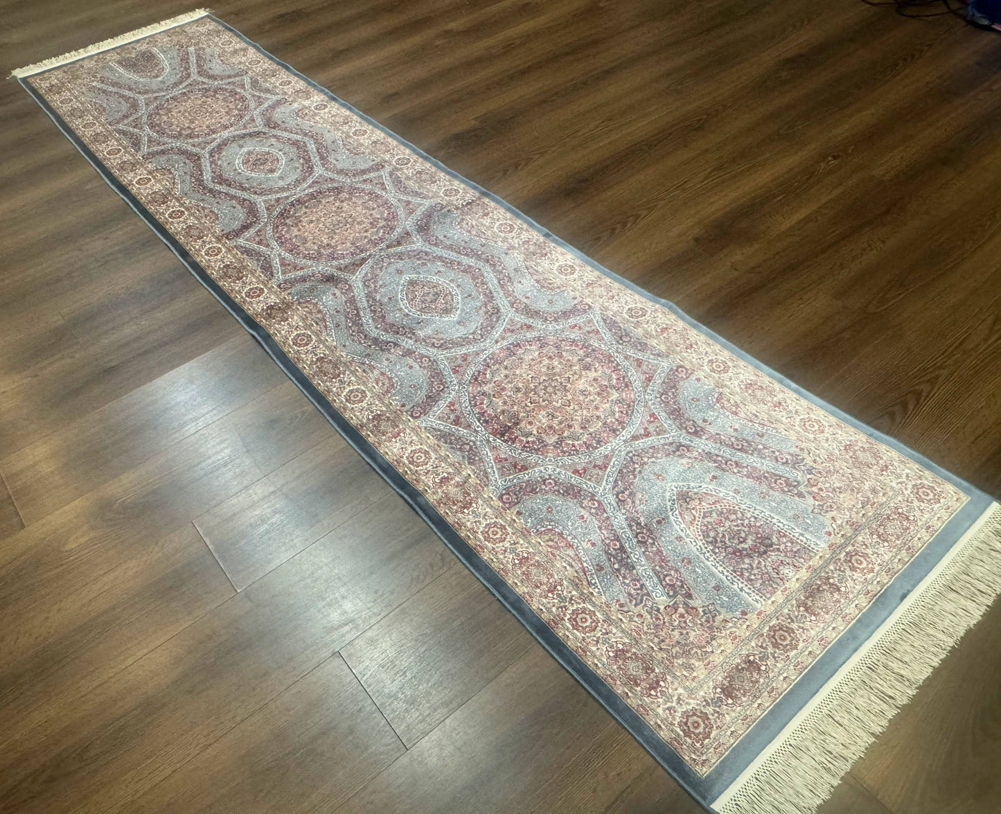 Turkish Silk Runner Rug 2.6 By 10 Feet Bamboo Silk Hereke Contemporary Light Blue