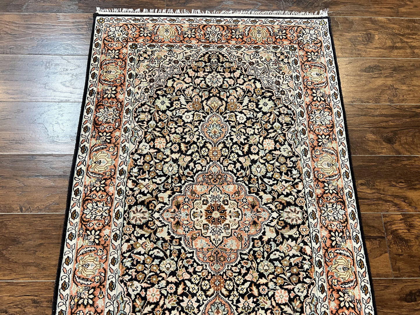 Kashmiri Silk Rug 3x5 Navy Blue Handmade Floral Medallion Indo Persian Silk