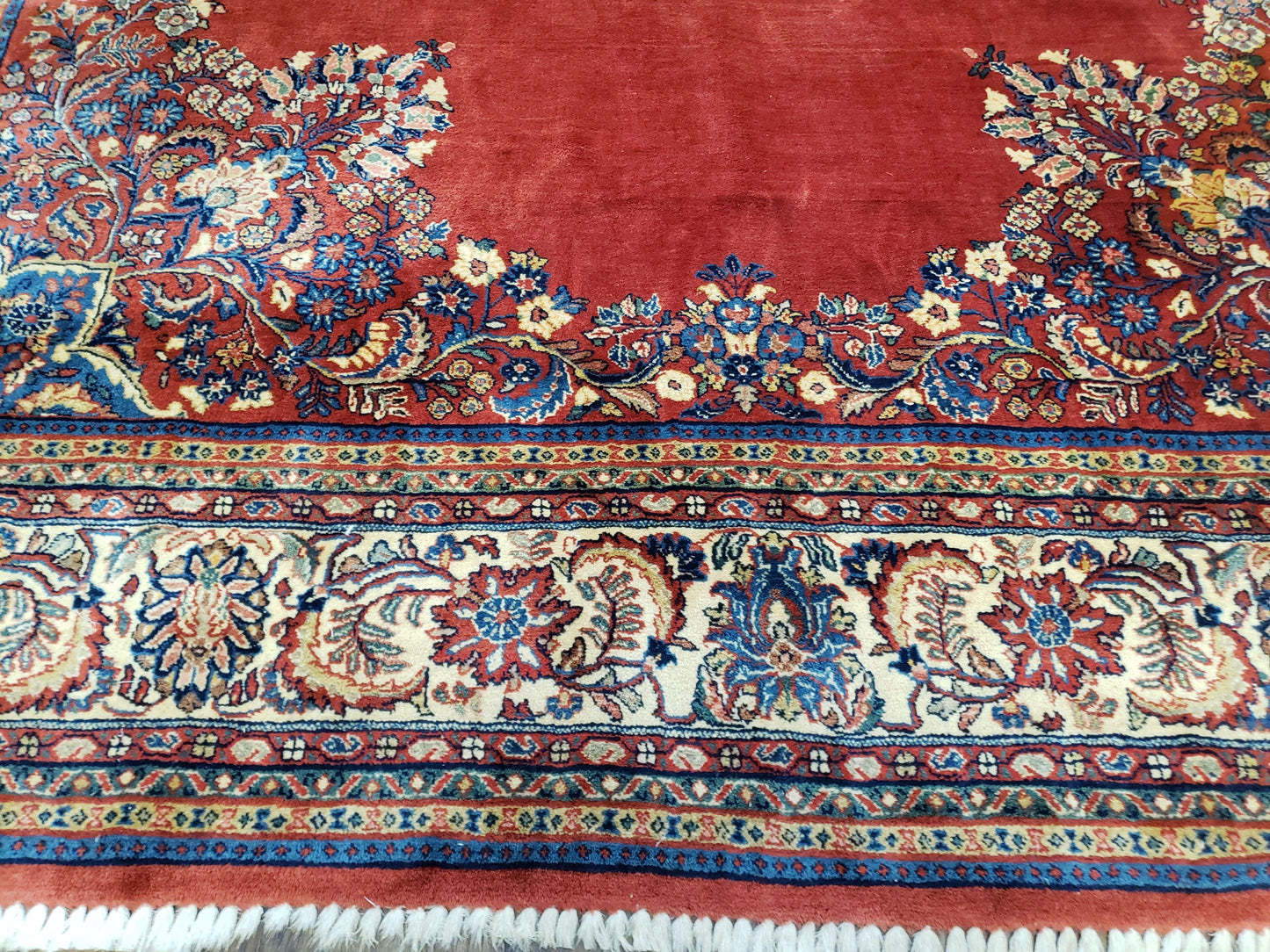 Semi Antique Persian Sarouk Rug 9x12 Hand Knotted Wool With Central Medallion Tomato Red