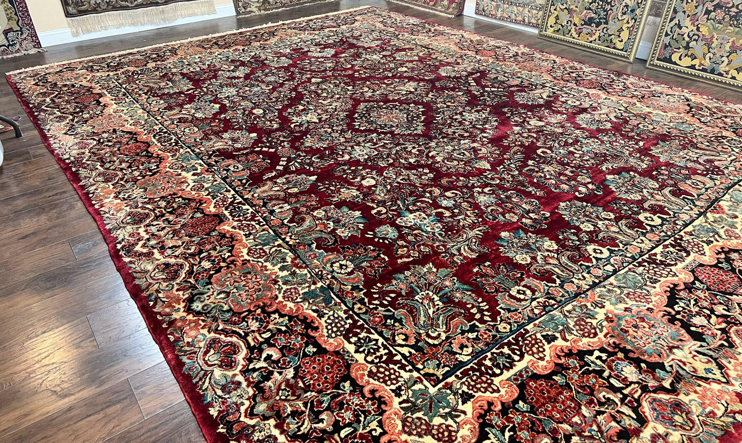 Persian Sarouk Rug 12x17 Hand Knotted Wool Antique Carpet Dark Red Floral Oriental Rug