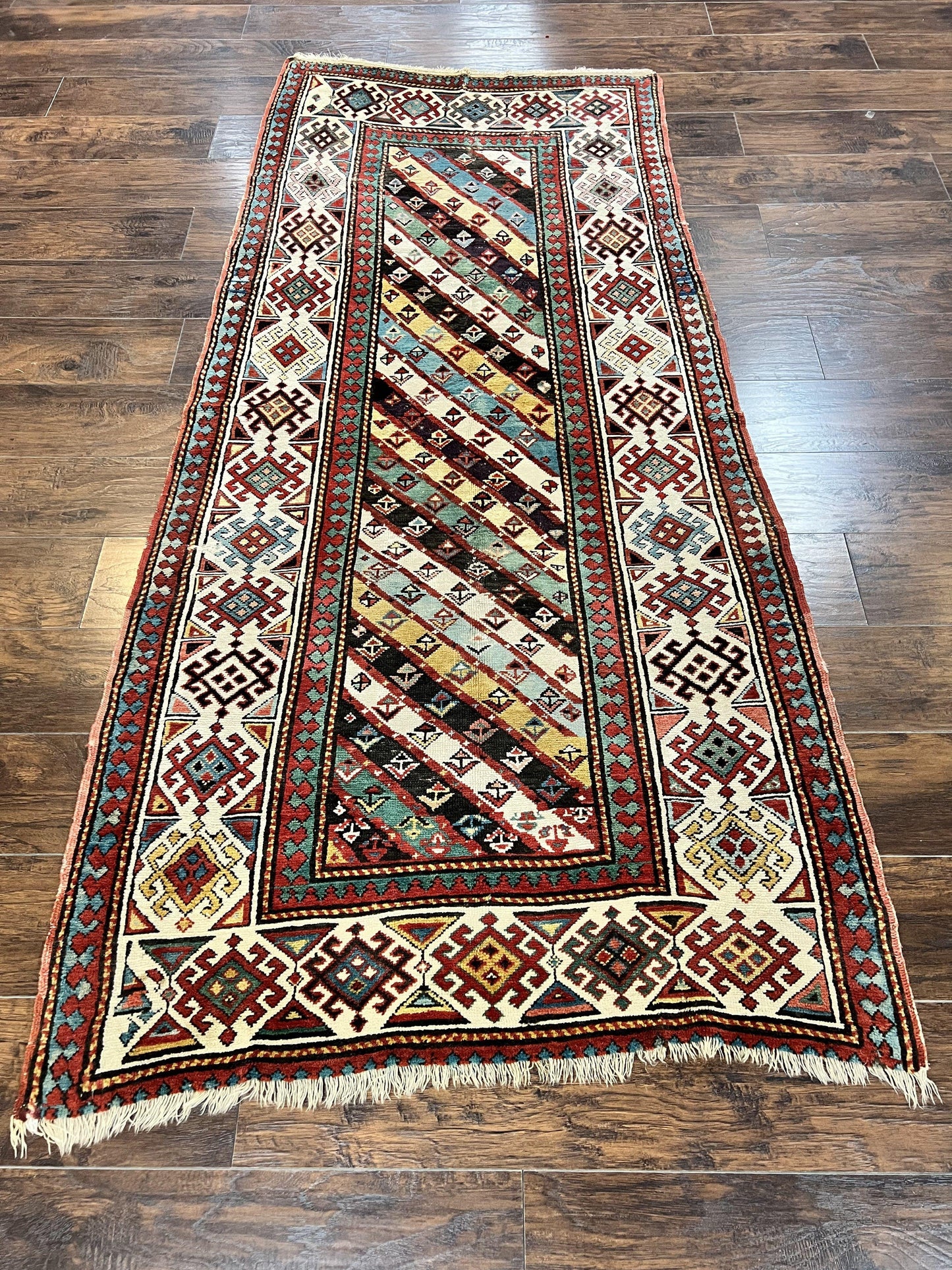 Caucasian Kazak Runner Rug Hand Knotted Wool Antique 1880s Ivory And Multicolor Striped Hallway Rug