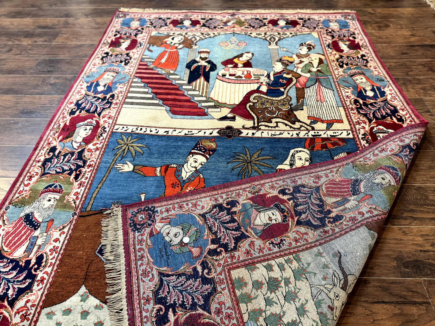 Persian Kashan Pictorial Rug 6x9 Hand Knotted Wool Wall Hanging King Bahram Hunting Scene Antique