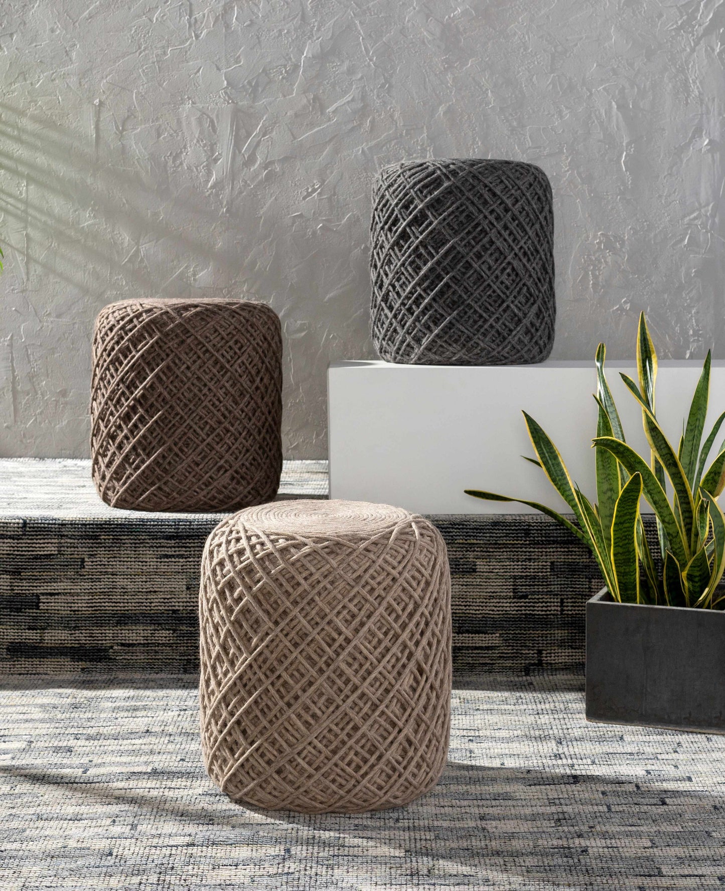 Moapa Charcoal Wool Pouf Hand Woven Accent Seating Stool For Living Rooms And Bedrooms