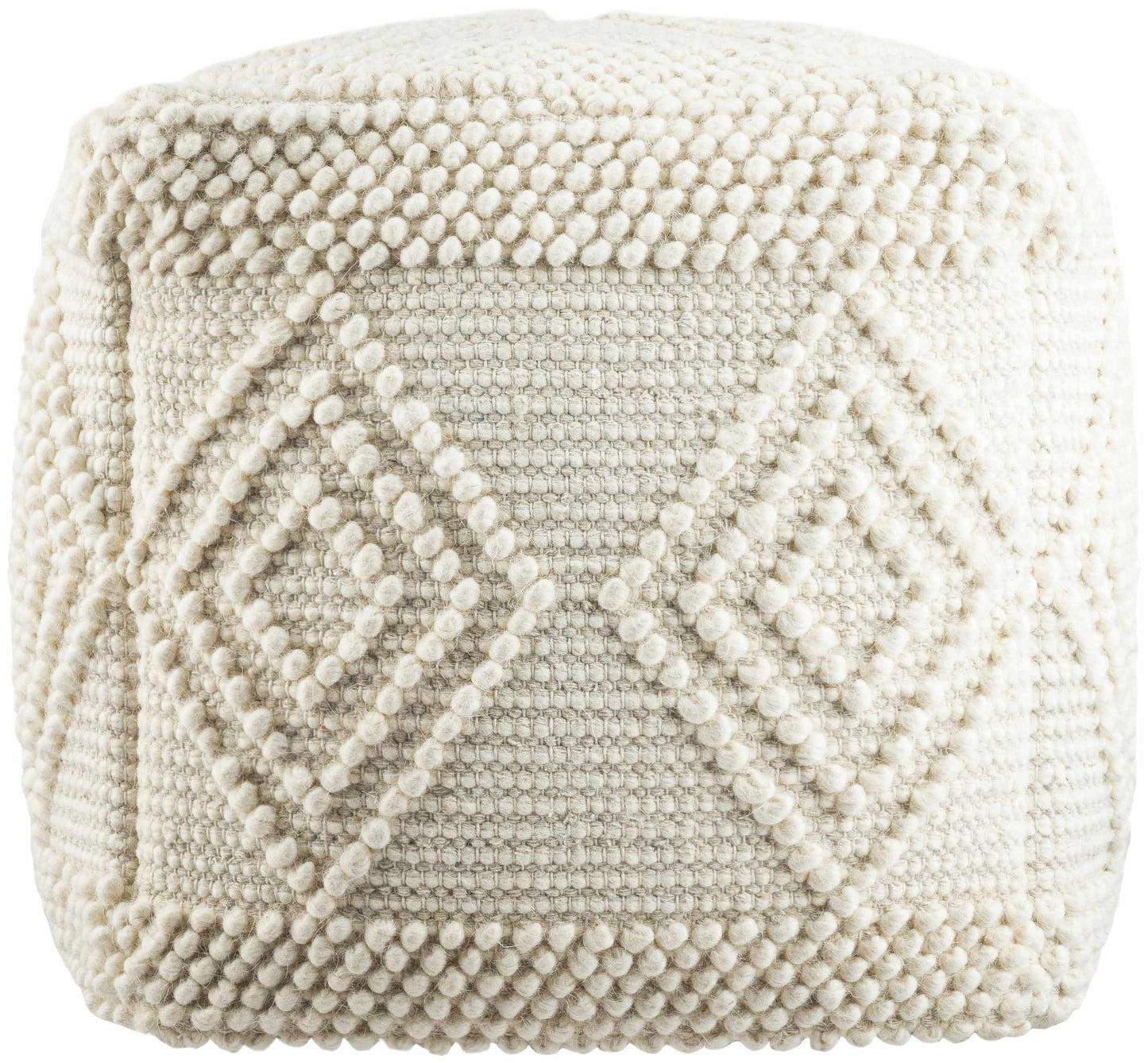 Textured cube ottoman with geometric pattern on a white background
