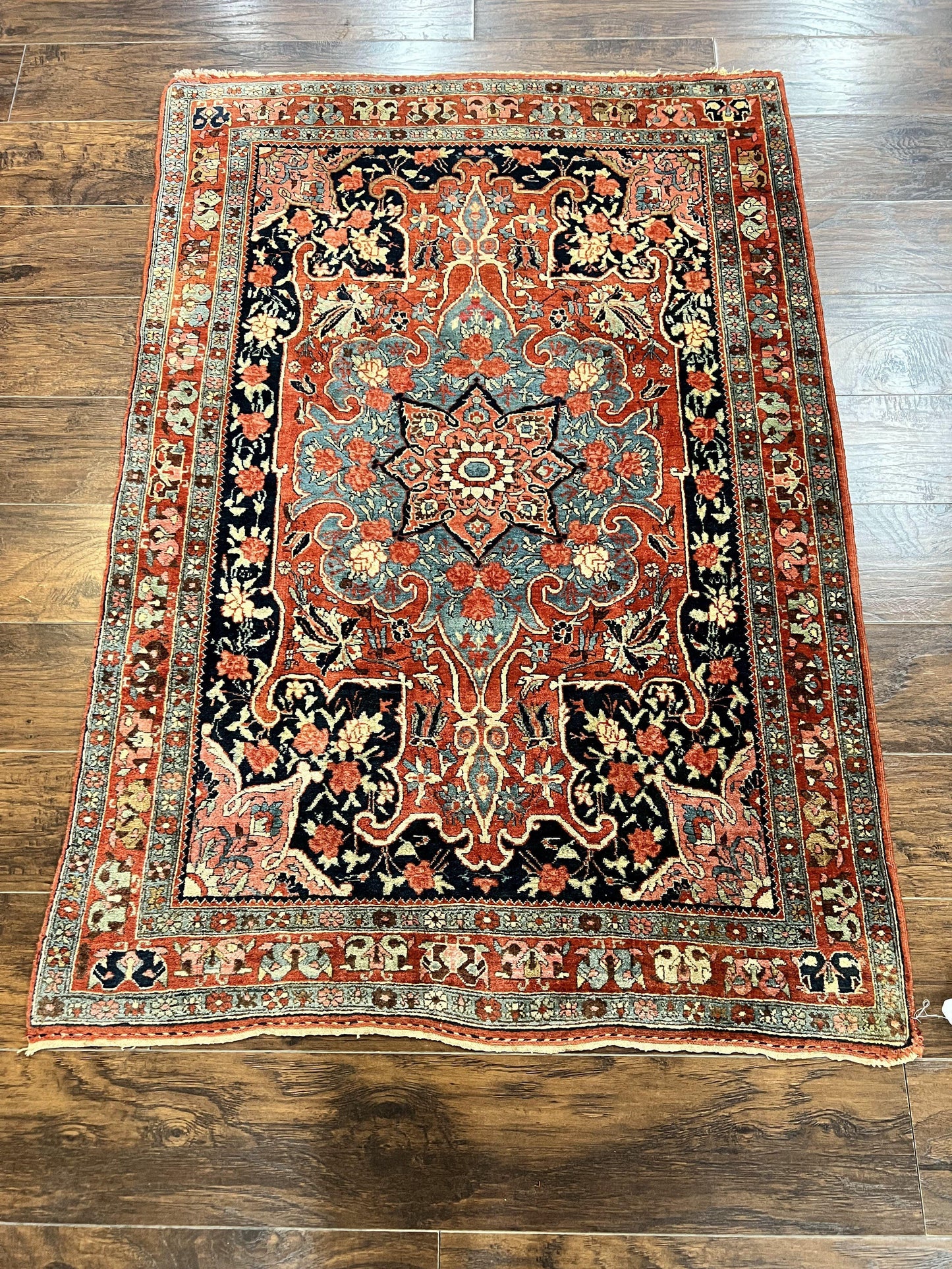 Persian Bidjar Rug 4x5 Hand Knotted Wool Carpet Red And Blue Antique