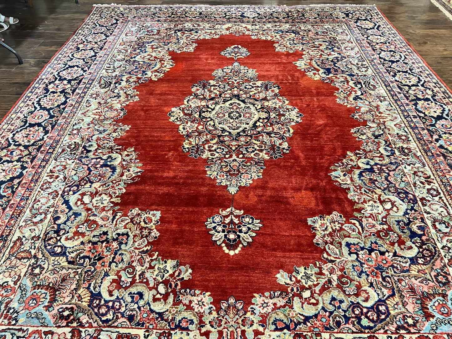 Persian Sarouk Rug 11x14 Handmade Wool Floral Red And Blue Semi Antique