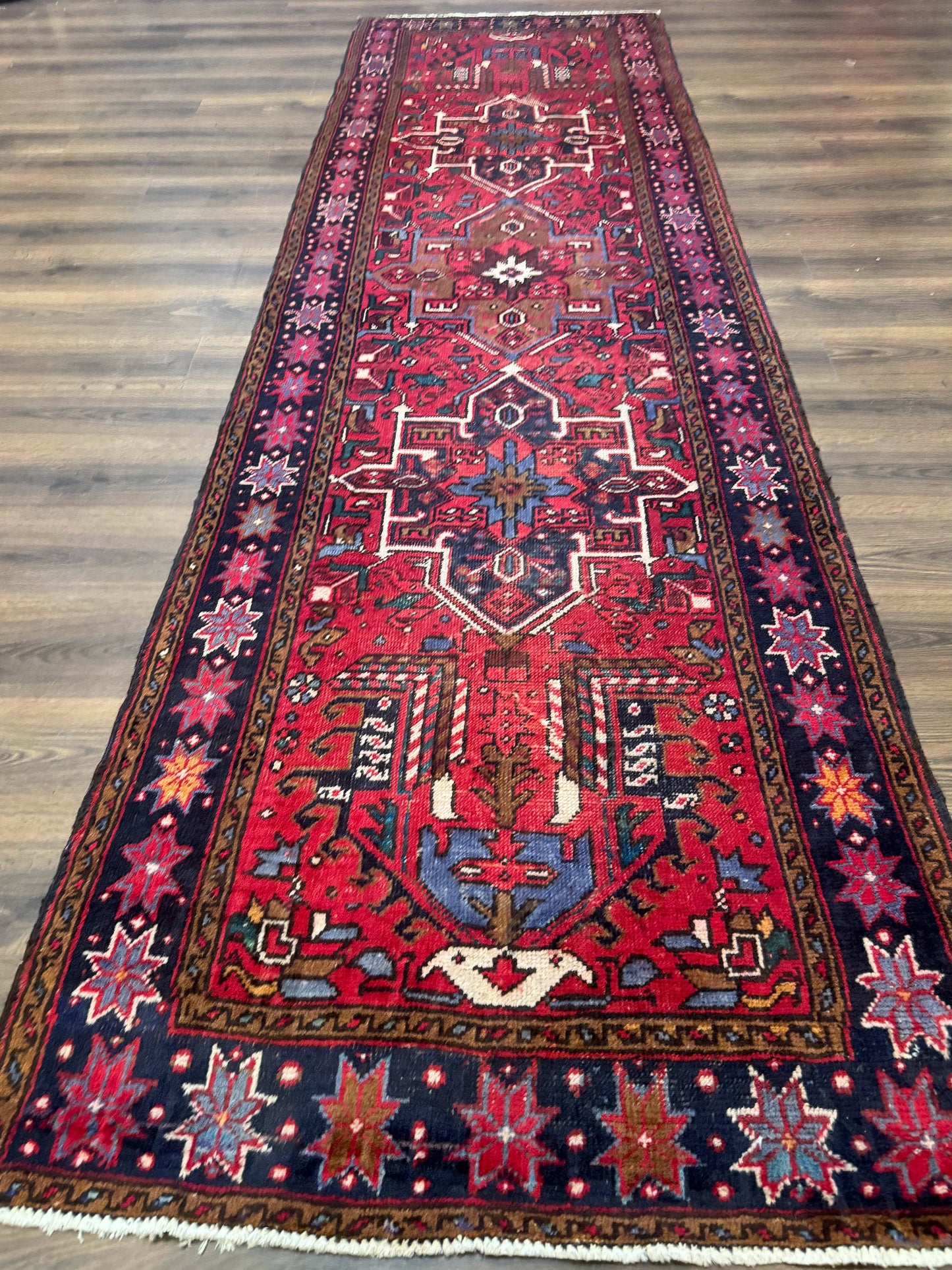 Persian Heriz Karajeh Runner Rug 3.7 x 12 ft Red Navy Geometric Medallions