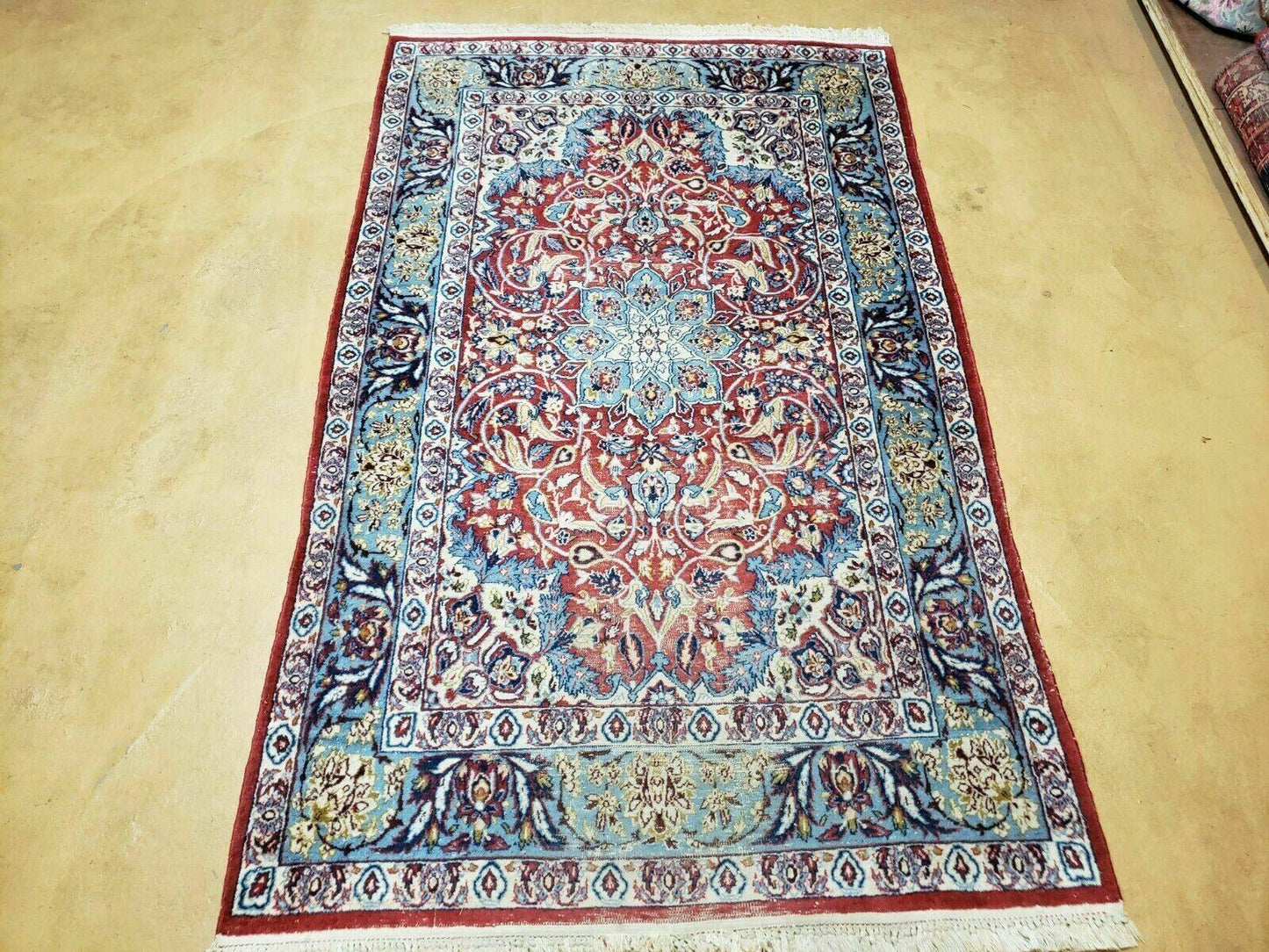 Vintage Turkish Handwoven Wool Rug 3 Ft 5 In By 5 Ft 8 In With Vegetable Dyes
