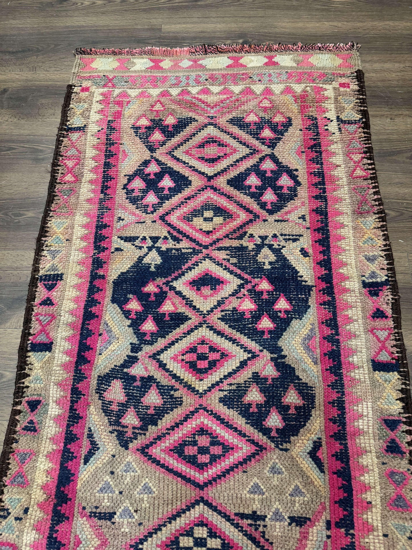 Turkish Runner Rug 3x10 Pink And Navy Blue Bohemian Hallway Kitchen Vintage Geometric Tribal