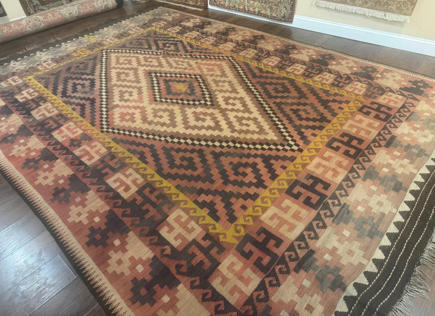 Antique Persian Kilim Rug 9x12 Zarand Handwoven Wool Zigzag Pattern In Earth Tones