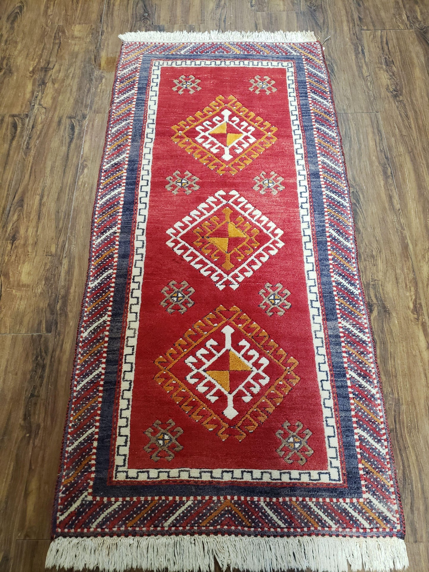 Vintage Turkish Kazak Rug 2.5 by 5 Red Wool Runner With Medallions Geometric Pattern