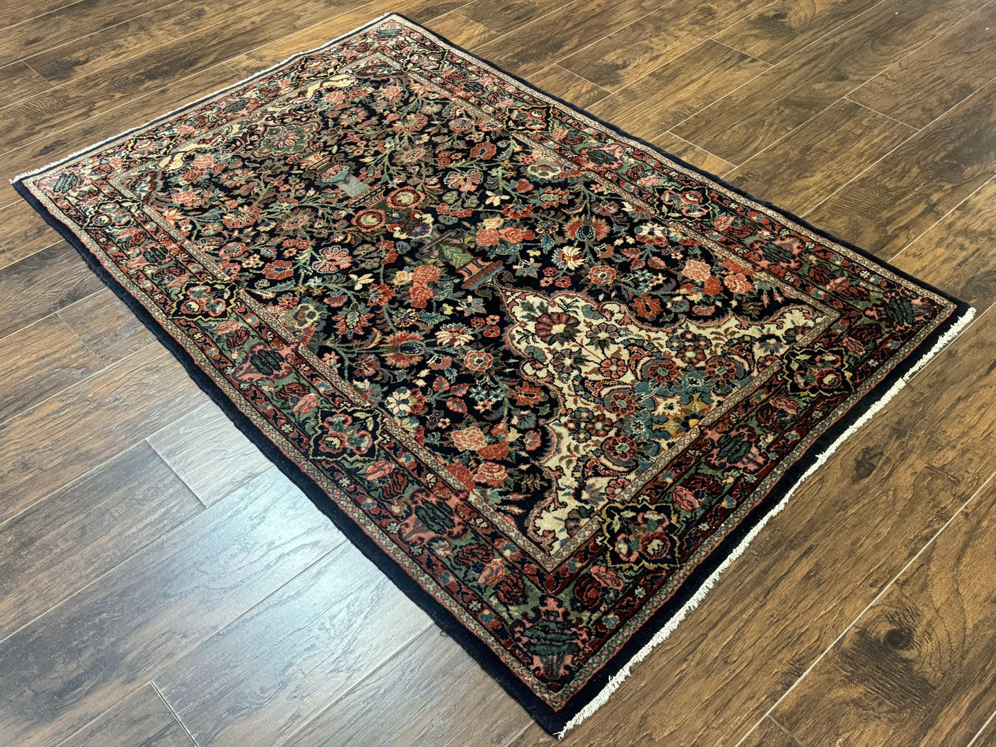 Antique Persian Rug Navy Blue Hamadan 1920s Wool Bidjar Carpet 4x5