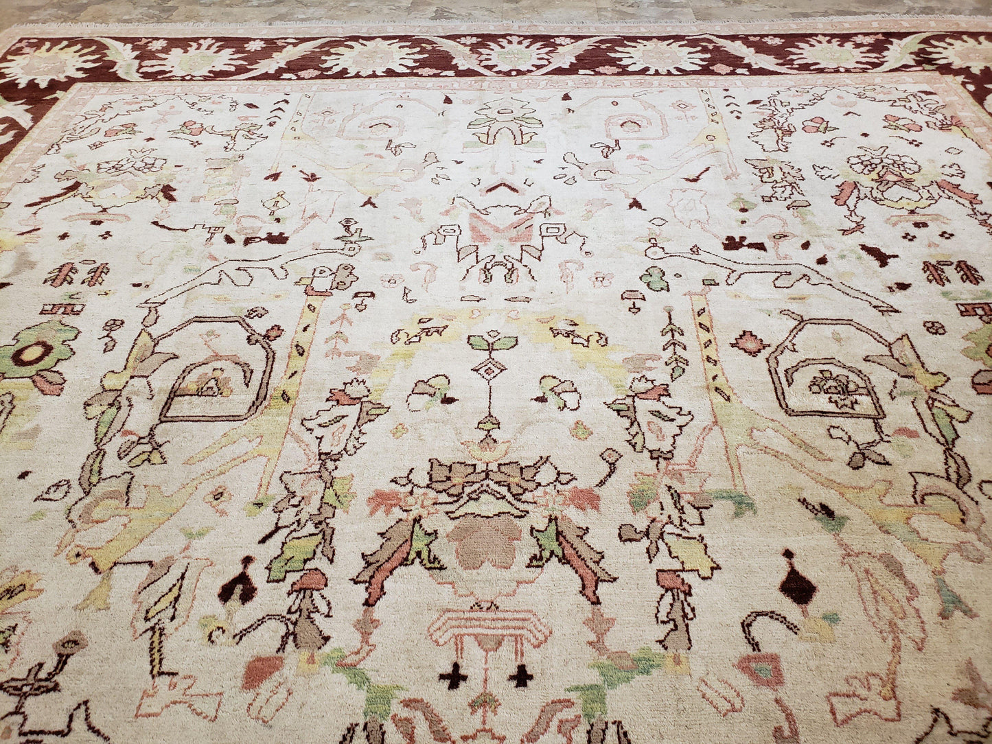 Peshawar Rug Hand Knotted Handmade Wool Oushak Style 10x15 Beige and Maroon Living Room Rug