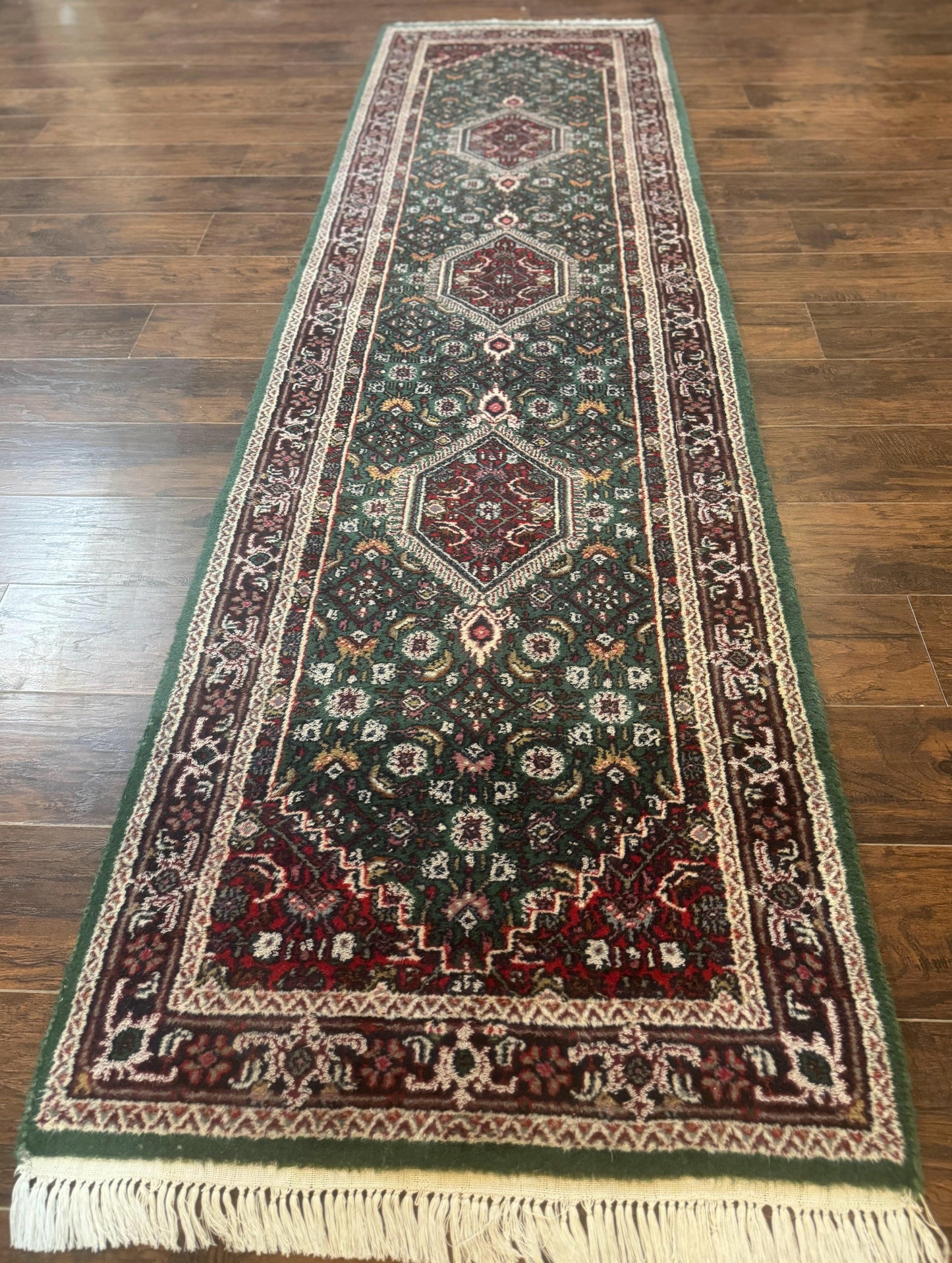 Indo Persian Bidjar Runner Rug 3x10 Green Red Hand Knotted Wool