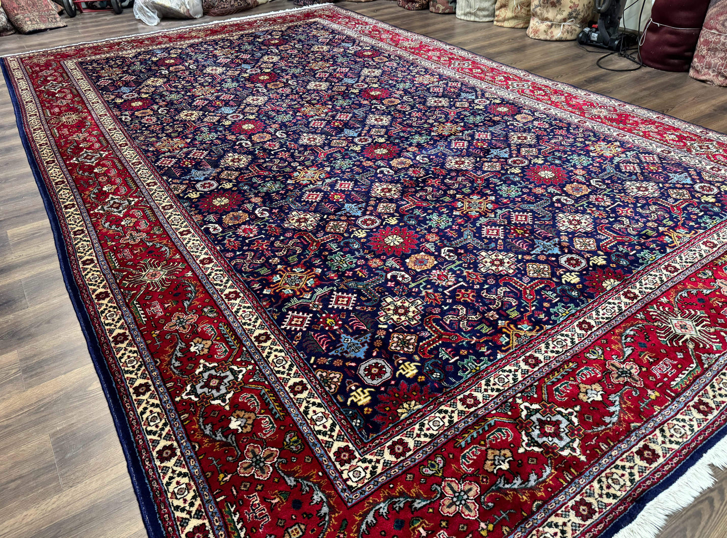 Large Persian Tabriz Rug 10x16 Navy Blue And Red Allover Pattern Hand Knotted Wool Carpet