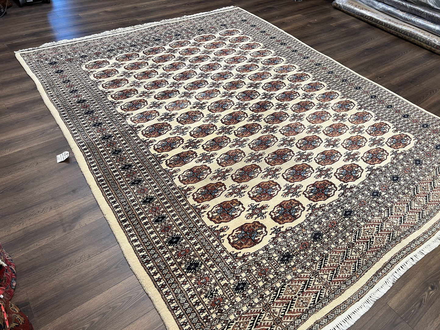 Pakistani Bokhara Rug 8x10 Vintage Handmade Turkoman Carpet With Elephant Foot Motif Ivory Cream Black Red