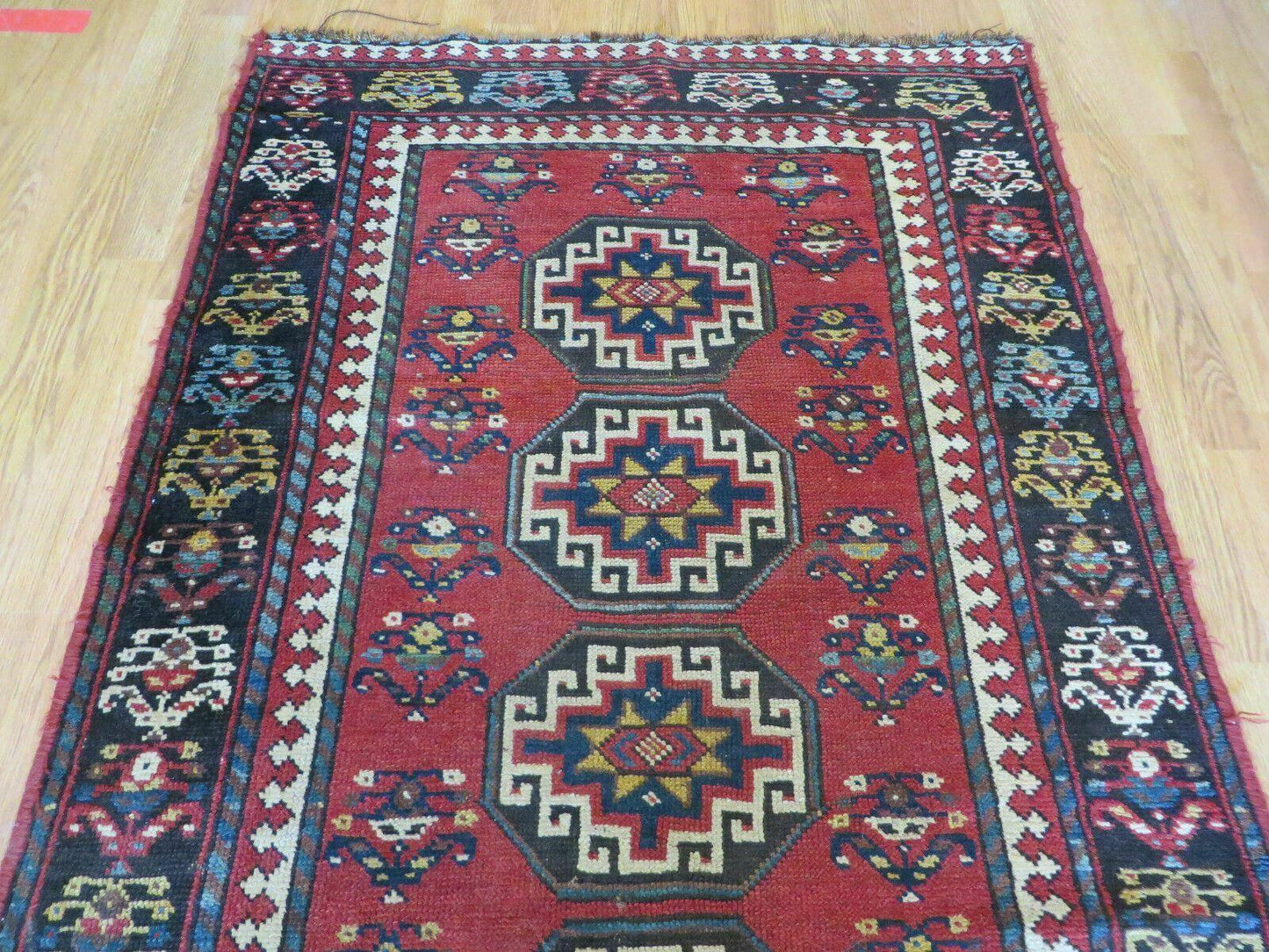 Hand Knotted Caucasian Kazak Wool Runner Rug Antique 1920s Medallion Design