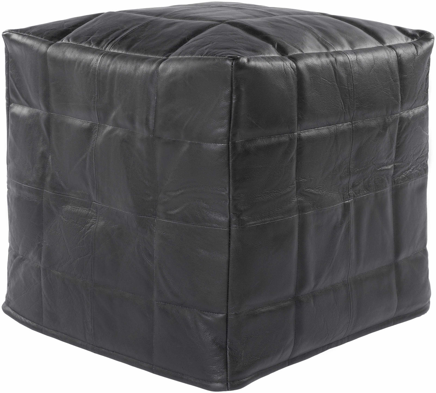 Laflin Pouf Black Leather Top With Cotton Base And Polybead Fill Southwestern Style