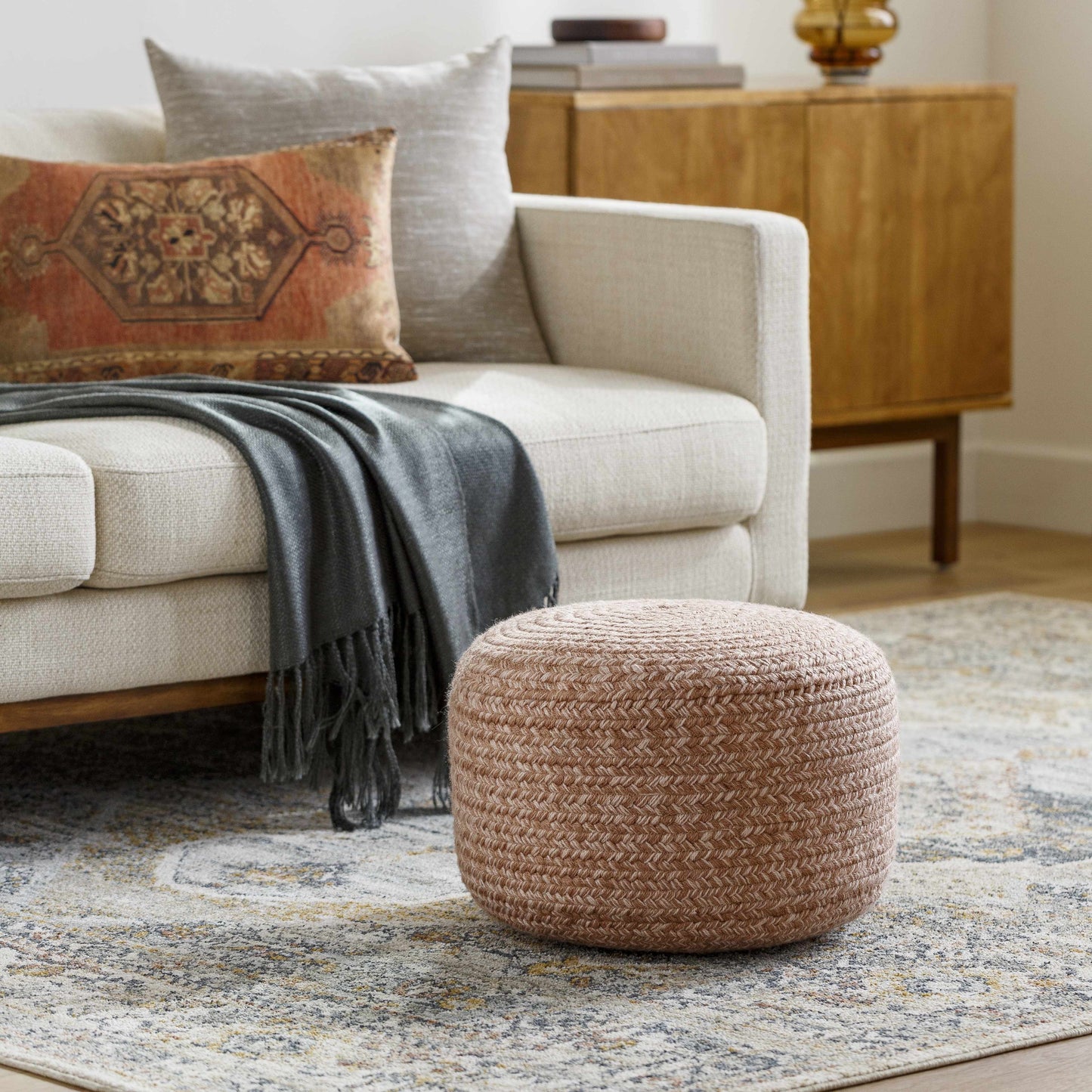 Tonanitla Natural Fiber Blush Knitted Pouf Seating For Indoor Outdoor Living