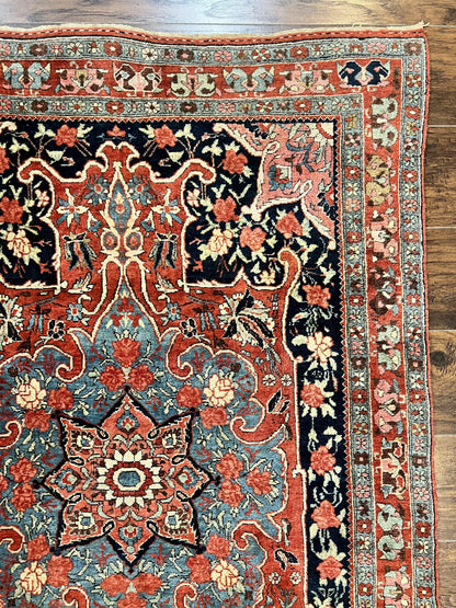 Persian Bidjar Rug 4x5 Hand Knotted Wool Carpet Red And Blue Antique