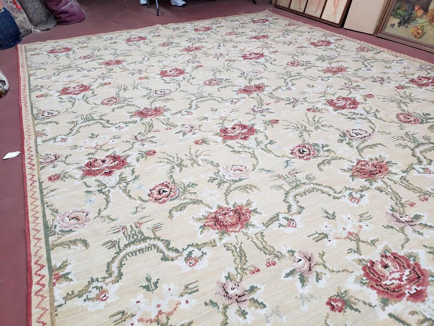 Needlepoint Rug 10x14 Wool Flatweave With English Floral Pattern In Pale Yellow Roses Handmade