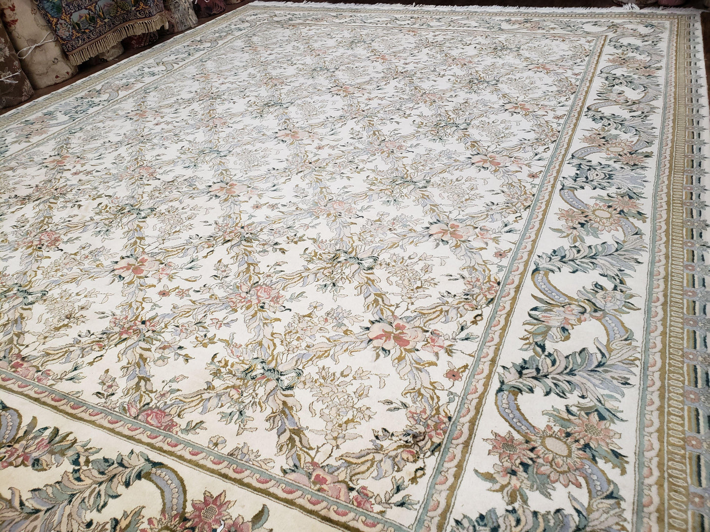 Pak Persian Floral Rug Hand Knotted Wool 11 x 12.6 Ivory Vintage